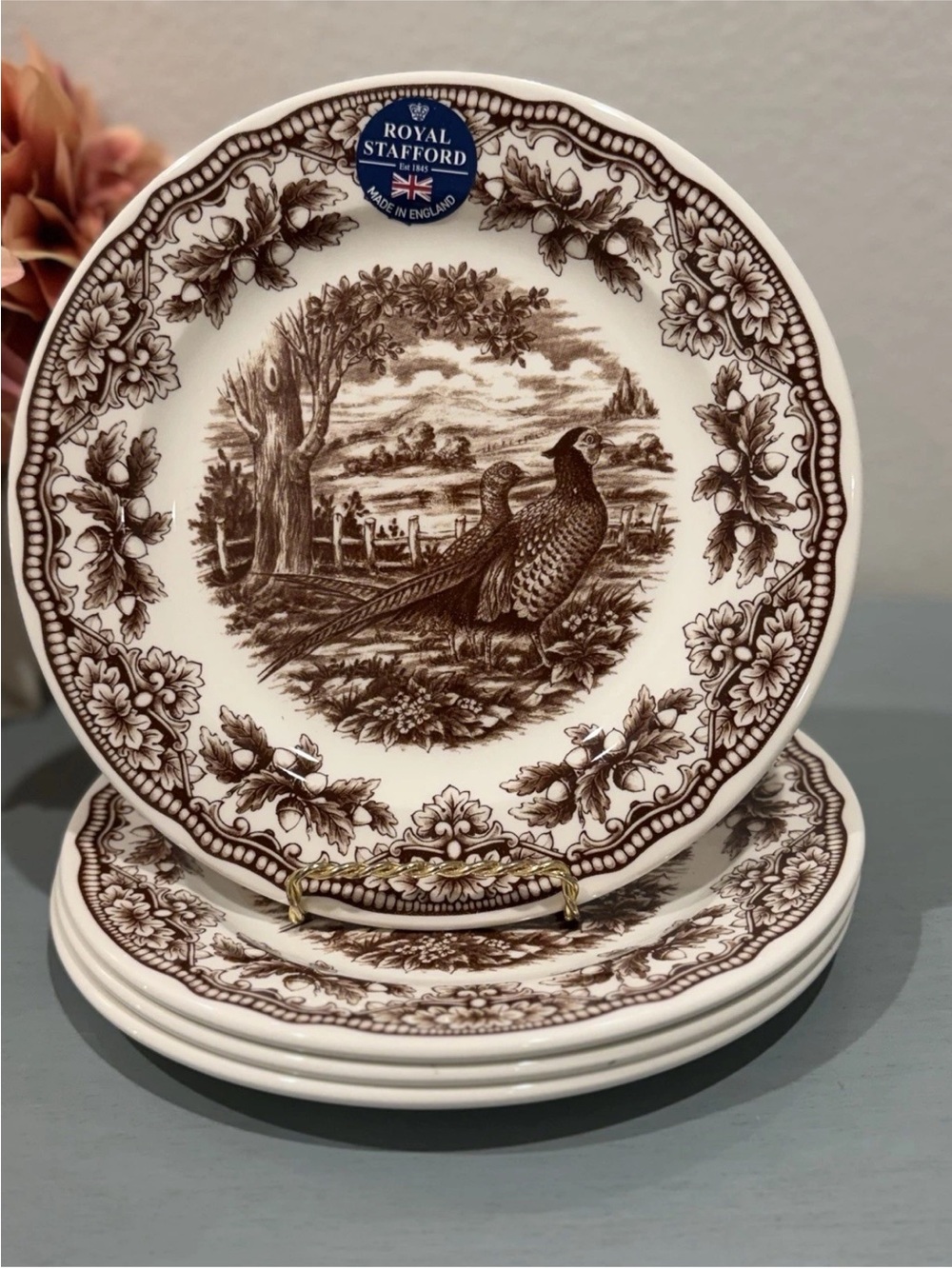 Royal Stafford Pheasant Bird Salad Plates Set of 4 Brown NEW England